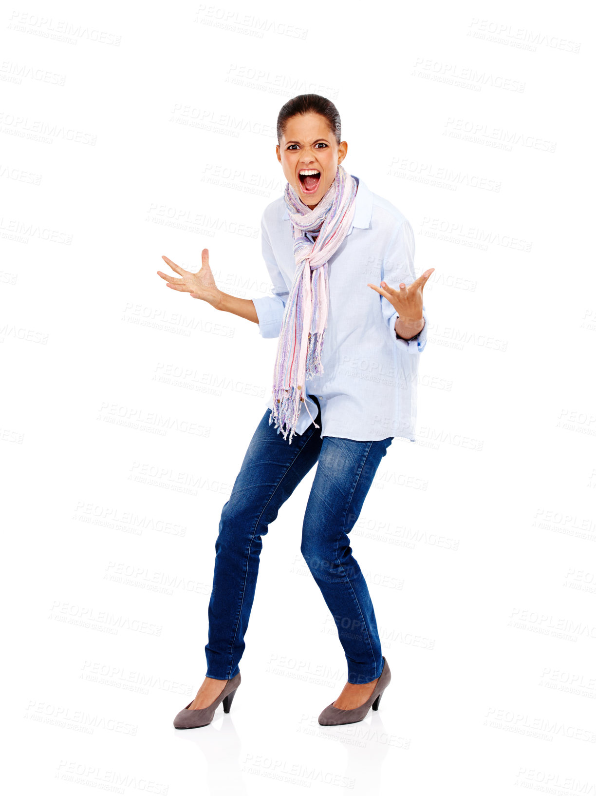 Buy stock photo Angry, frustrated and scream portrait of a woman with stress screaming about work isolated. White background, model and business employee screaming and standing with anger gesture and studio mockup