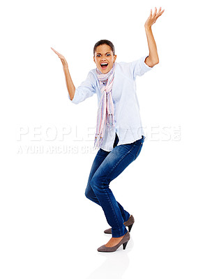 Buy stock photo Portrait, confused and mockup with a black woman in studio isolated on a white background for marketing. Shock, doubt and surprise with a female standing on blank branding space for advertising