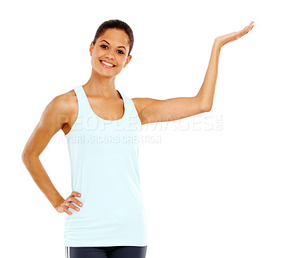Buy stock photo Portrait of a beautiful young woman holding up copyspace