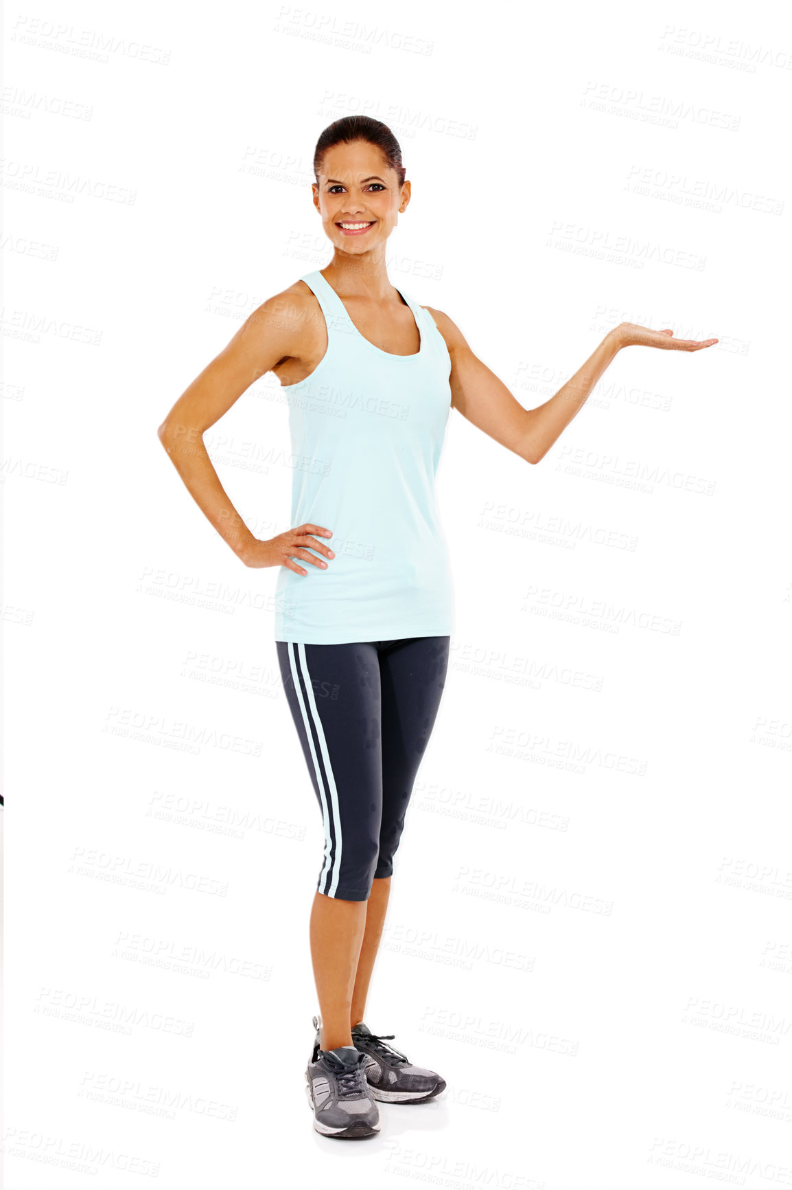 Buy stock photo Fitness, woman and portrait with offer for promotion in studio with announcement, exercise deal and mockup. Person, advertisement or show coming soon with training membership on white background