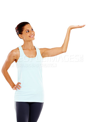 Buy stock photo Fitness, woman and happy with hands for advertising in studio with product placement, exercise deal and mockup. Person, promotion and showing workout offer or training membership on white background