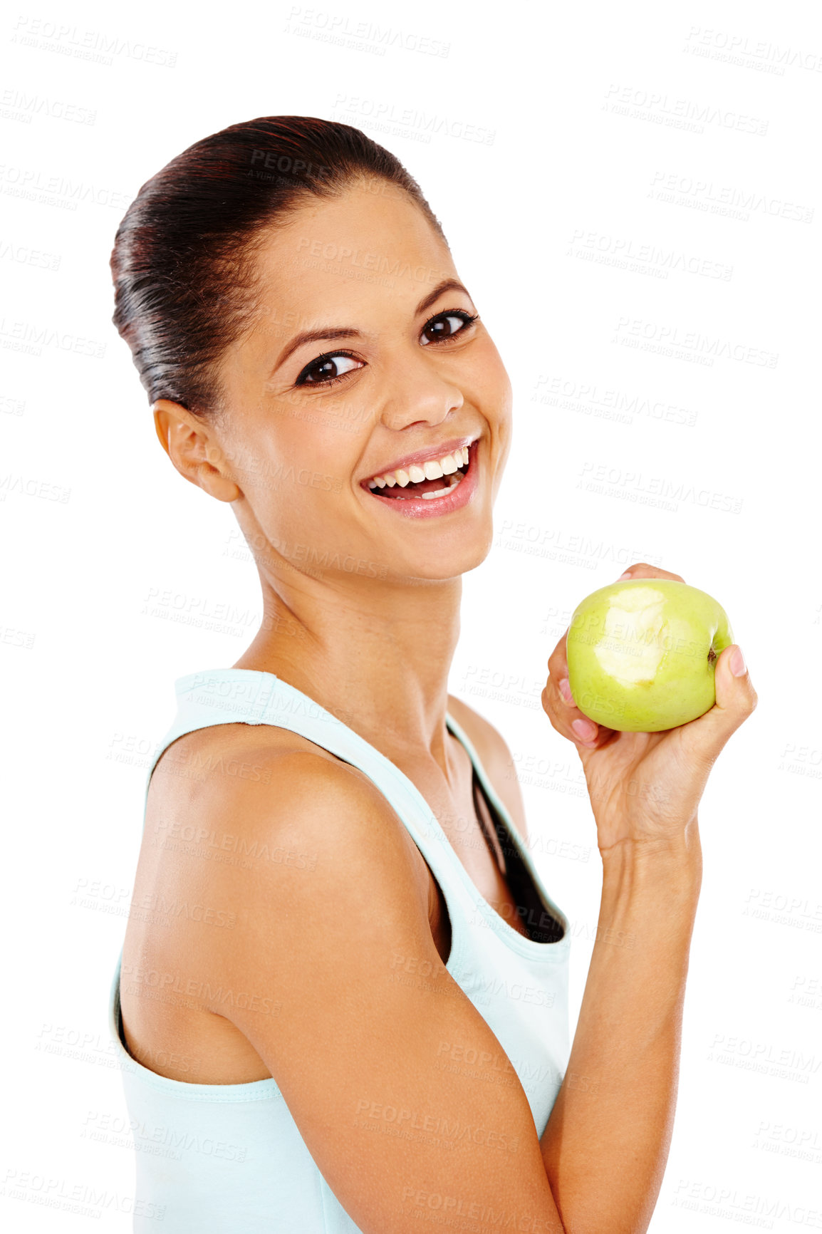 Buy stock photo Portrait of an attractive young woman holding an apple