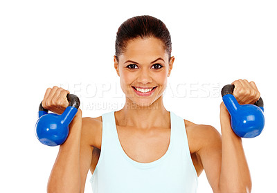 Buy stock photo Portrait of a beautiful young woman exercising with two kettle bells
