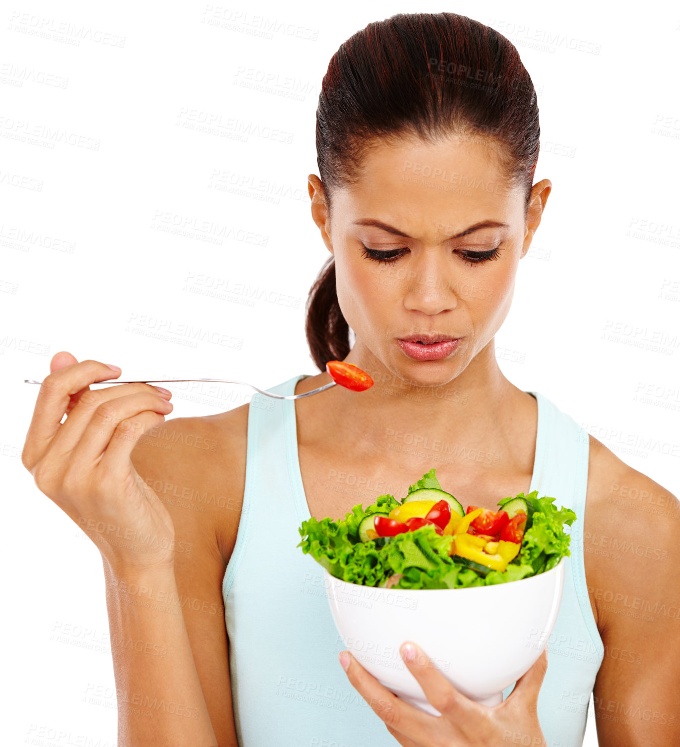 Buy stock photo Thinking, woman and bowl with salad in studio for weight loss, healthy diet and nutrition benefits. Vegetables, fork person and with organic food for immune system, detox or vegan on white background