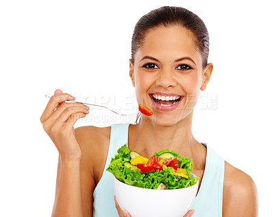 Buy stock photo Portrait of an attractive young woman eating a healthy salad