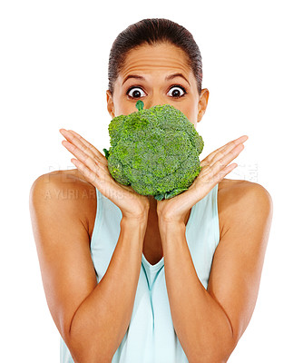 Buy stock photo Female person, portrait and vegetable in studio on white background for health, nutrition and antioxidant. African woman, broccoli and vitamin c for green diet, lose weight and wellness with surprise