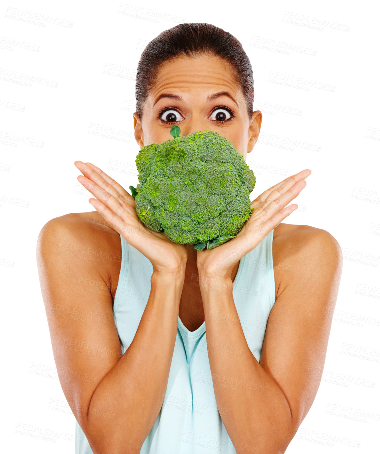 Buy stock photo Female person, portrait and vegetable in studio on white background for health, nutrition and antioxidant. African woman, broccoli and vitamin c for green diet, lose weight and wellness with surprise