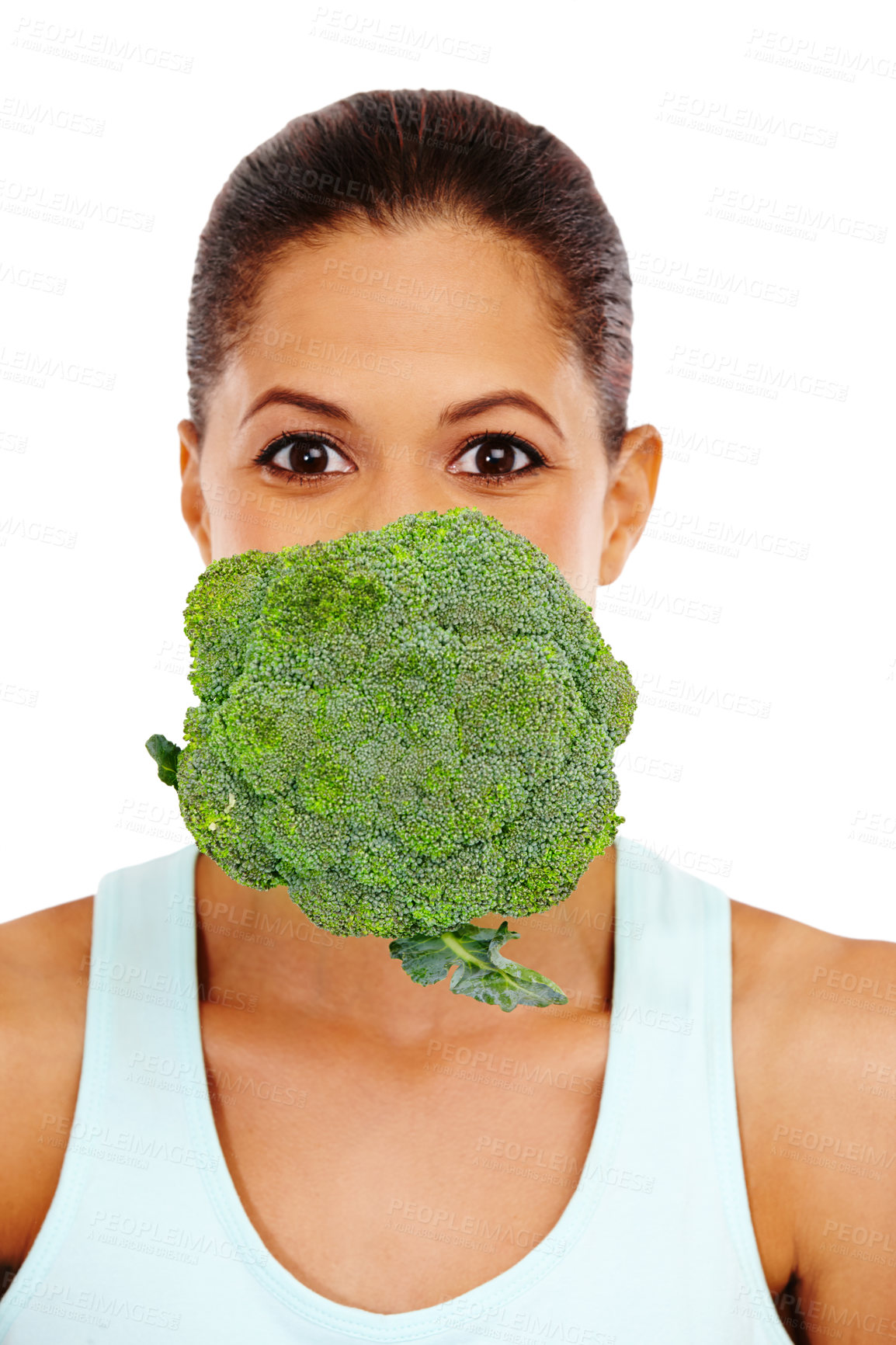 Buy stock photo Female person, portrait and broccoli for health, nutrition and antioxidant in studio on white background. Black woman, vegetable and vitamin c for green diet, lose weight and wellness with surprise