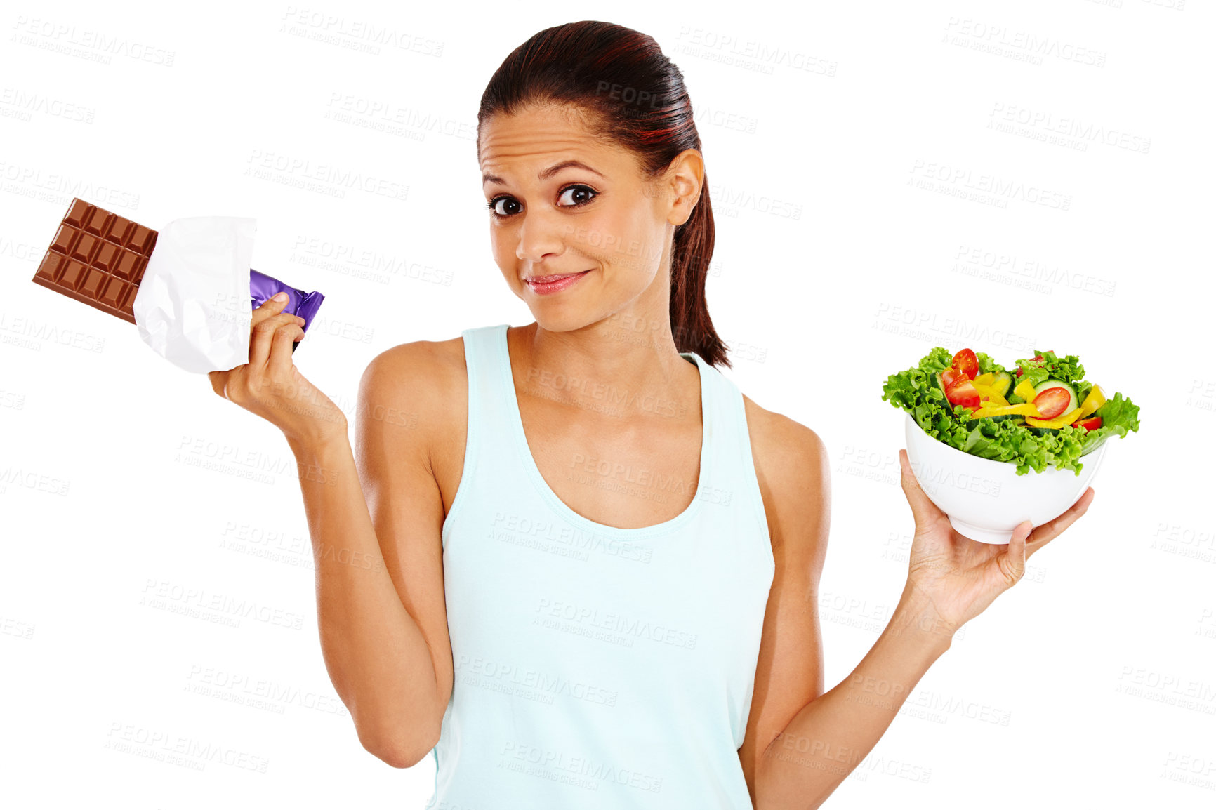 Buy stock photo Chocolate, salad and portrait of woman for decision in studio for healthy eating, wellness and nutrition. Choice, diet option and isolated unsure person with vegetables and candy on white background