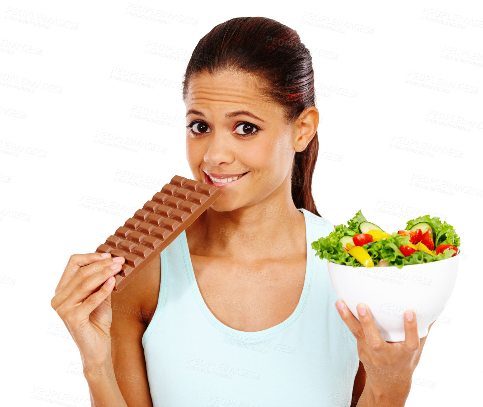 Buy stock photo Chocolate, salad and portrait of woman for decision in studio for healthy eating, wellness and nutrition. Choice, diet option and isolated unsure person with vegetables and candy on white background