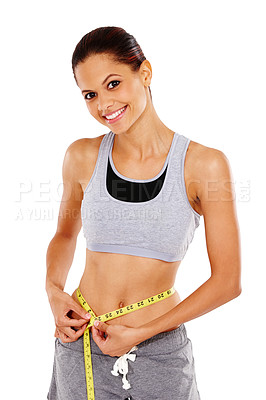 Buy stock photo Measuring tape, fitness and portrait of woman in studio for weightloss, exercise and body goals. Wellness, smile and female person with tool for tummy slimming progress isolated by white background.