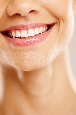 Buy stock photo Woman, mouth and teeth whitening smile in closeup, orthodontics and porcelain or invisible braces results. Female person, dental insurance and cosmetics transformation for self care, bleach and oral