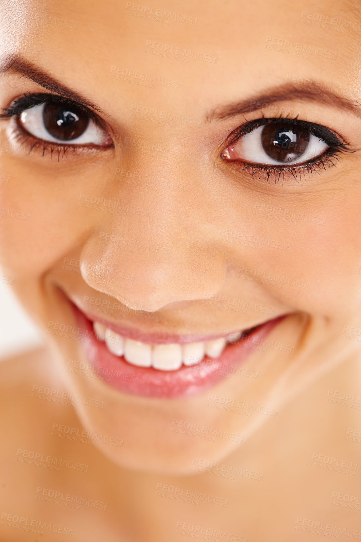 Buy stock photo Skincare, closeup and portrait of happy woman in studio for facial treatment, wellness and spa cosmetics. Dermatology, salon and face of person with skin glow, beauty and makeup on white background