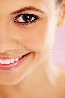 Buy stock photo Beauty, closeup and portrait of woman in studio for facial treatment, wellness and spa cosmetics. Dermatology, salon and face of happy person with skincare, smile and makeup on pink background