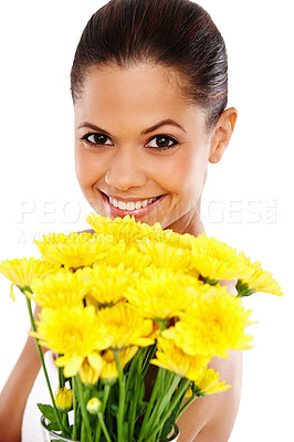 Buy stock photo Happy woman, portrait and bouquet in studio for skincare, natural and eco friendly product on white background. Female person, sustainable makeup and treatment for cosmetics, flowers and aesthetic