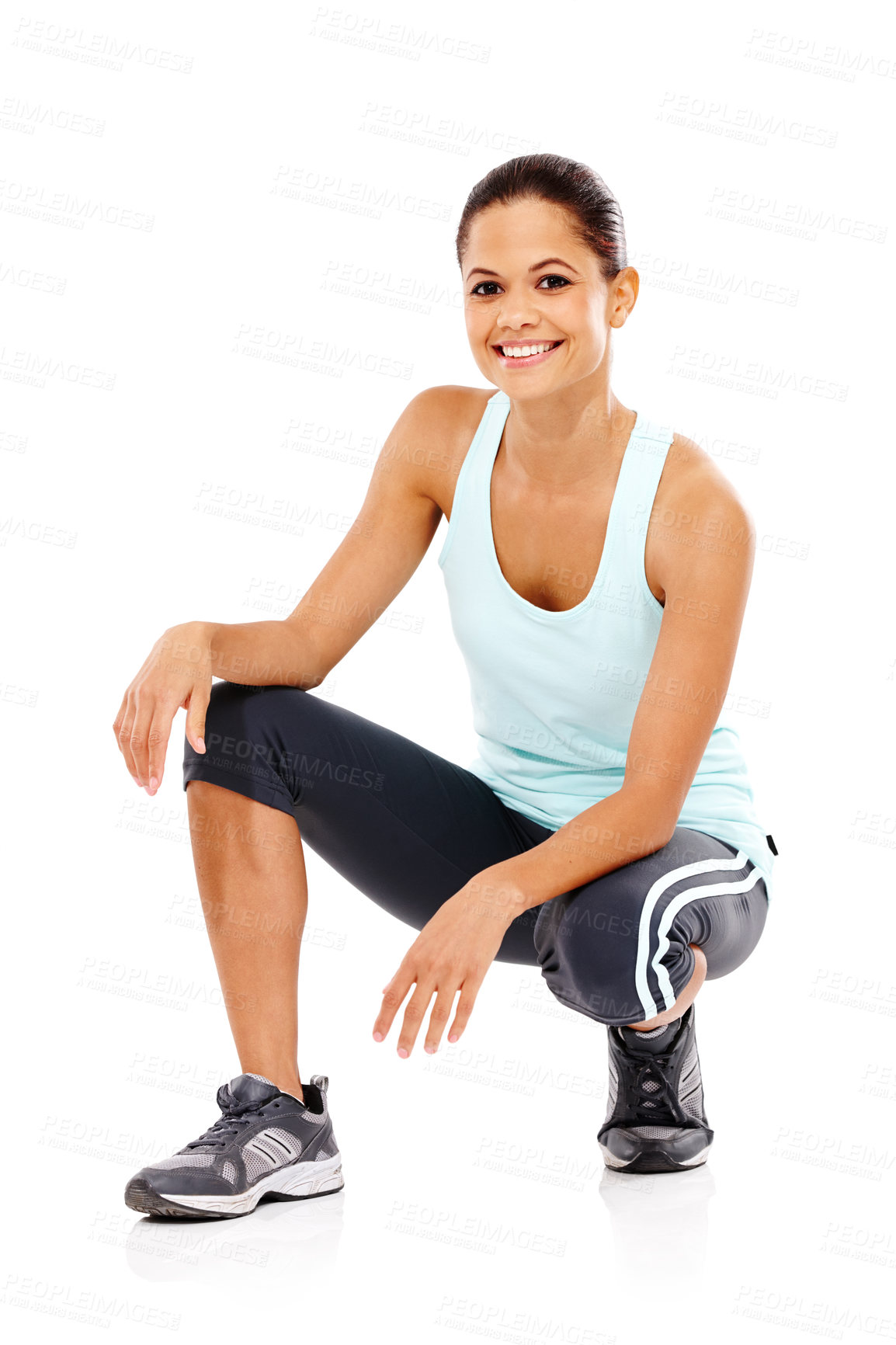 Buy stock photo Happy woman, portrait and fitness with sports fashion for workout, exercise or training on a white studio background. Active female person, young model or isolated with smile for health and wellness