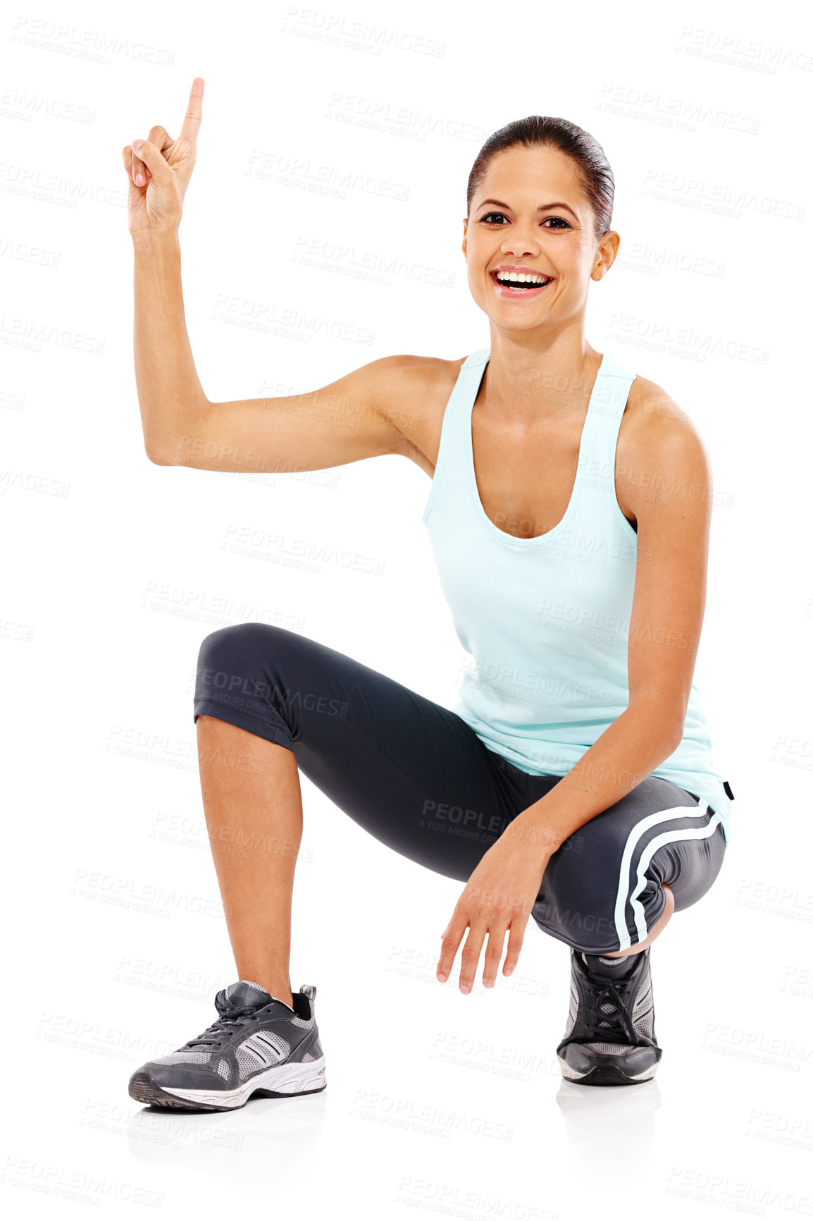 Buy stock photo Happy woman, portrait and pointing up with fitness for sports notification or advertising on a white studio background. Young female person showing alert with smile for marketing, health and wellness