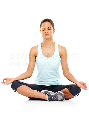 Buy stock photo Studio, yoga and woman with zen for meditation, inner peace and spiritual wellness for mental health. Female yogi, relax and chakra by white background for mindfulness, balance and holistic awareness