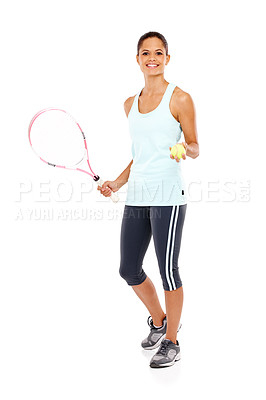 Buy stock photo Full length portrait of a happy young woman ready for her match while holding a tennis racket and ball