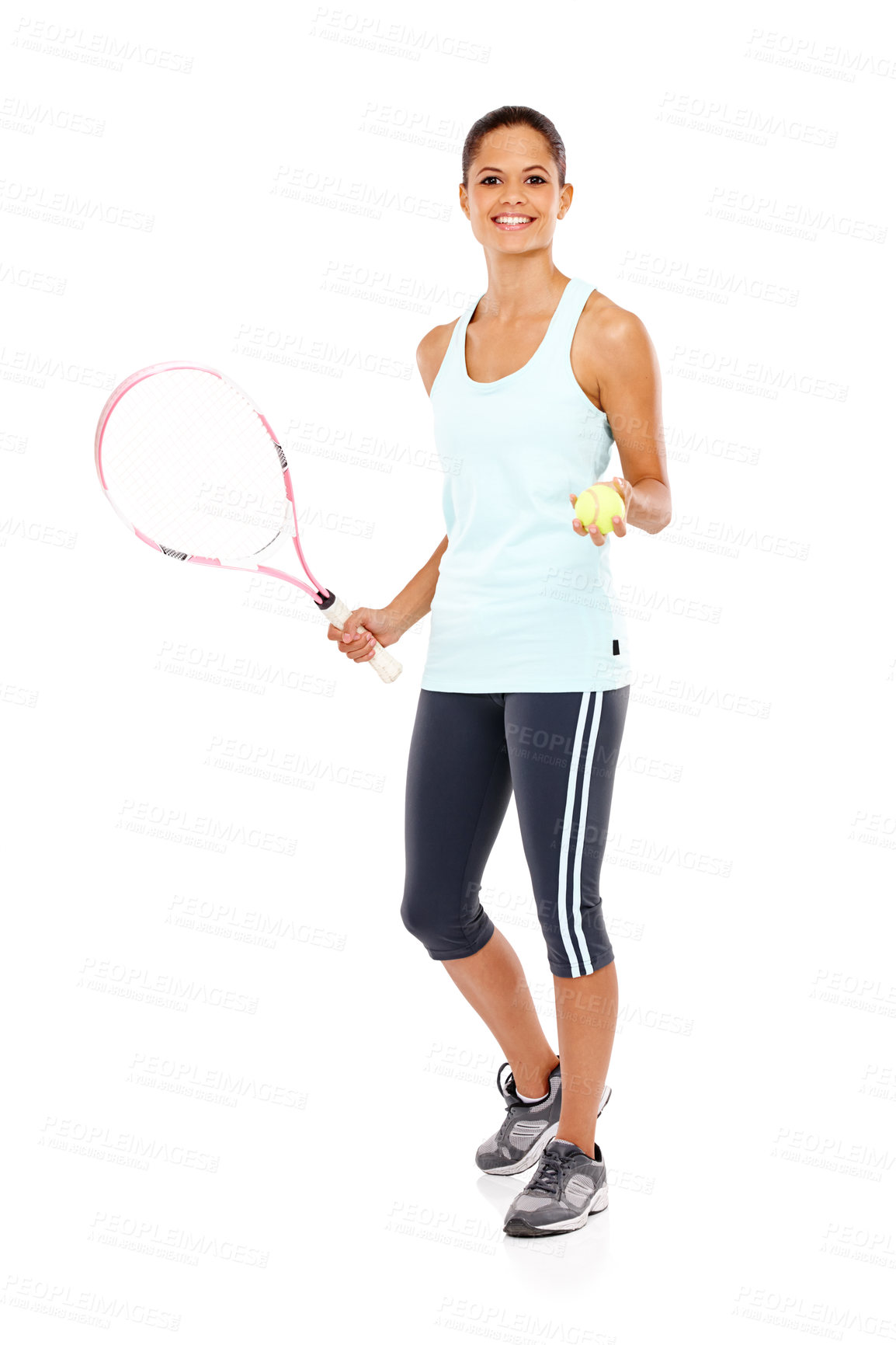 Buy stock photo Full length portrait of a happy young woman ready for her match while holding a tennis racket and ball