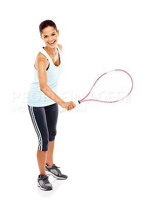 Buy stock photo Full length portrait of a happy young woman ready for her match while holding a tennis racket