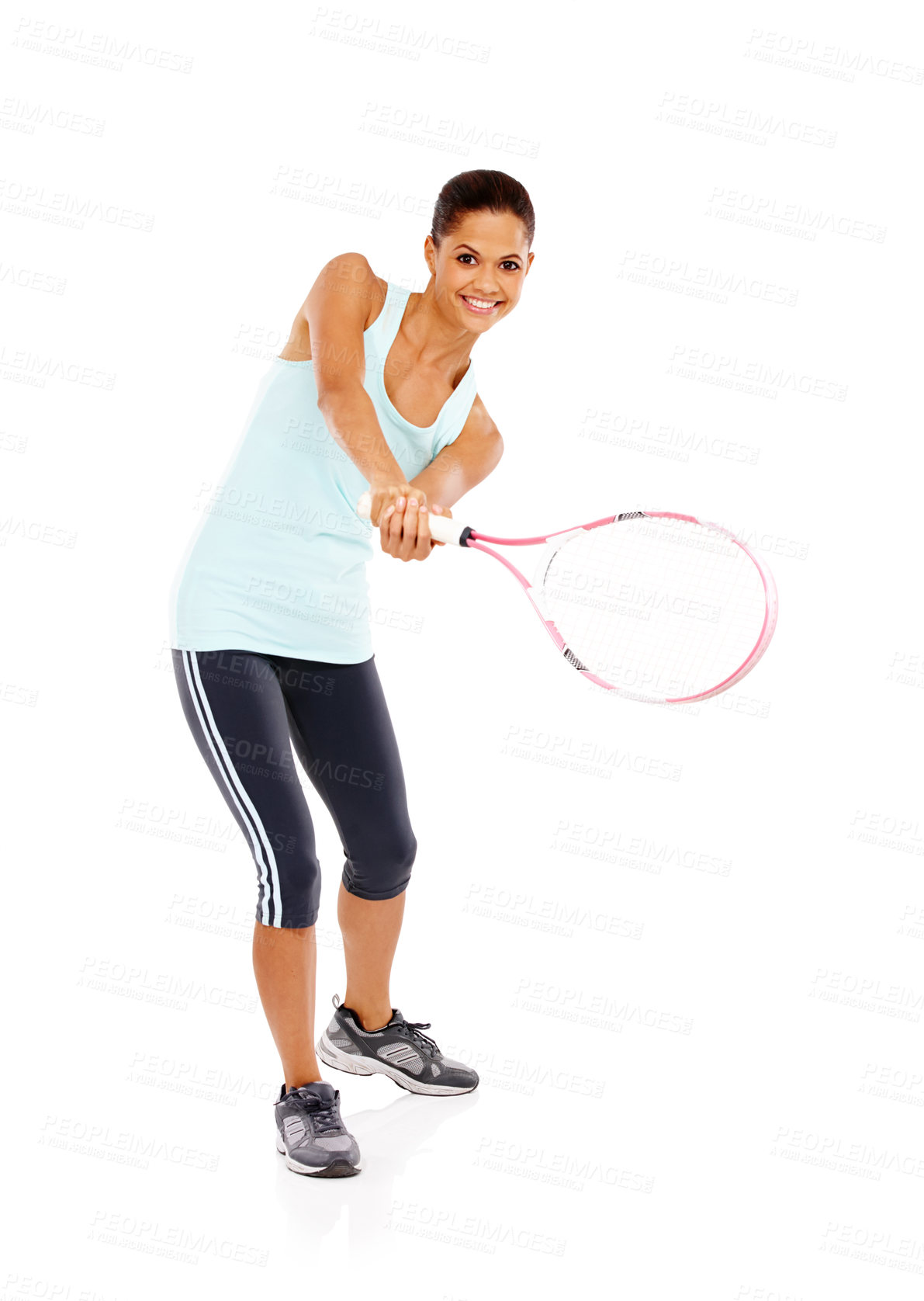 Buy stock photo Woman, portrait and sports with tennis racket in studio for fitness exercise, practice and training. Happy, player and athlete with equipment for match, competition and workout on white background