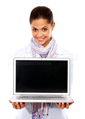 Buy stock photo Happy woman, portrait and laptop mockup on isolated white background for website branding, advertising and logo space. Digital technology, mock up and blank black screen for university student