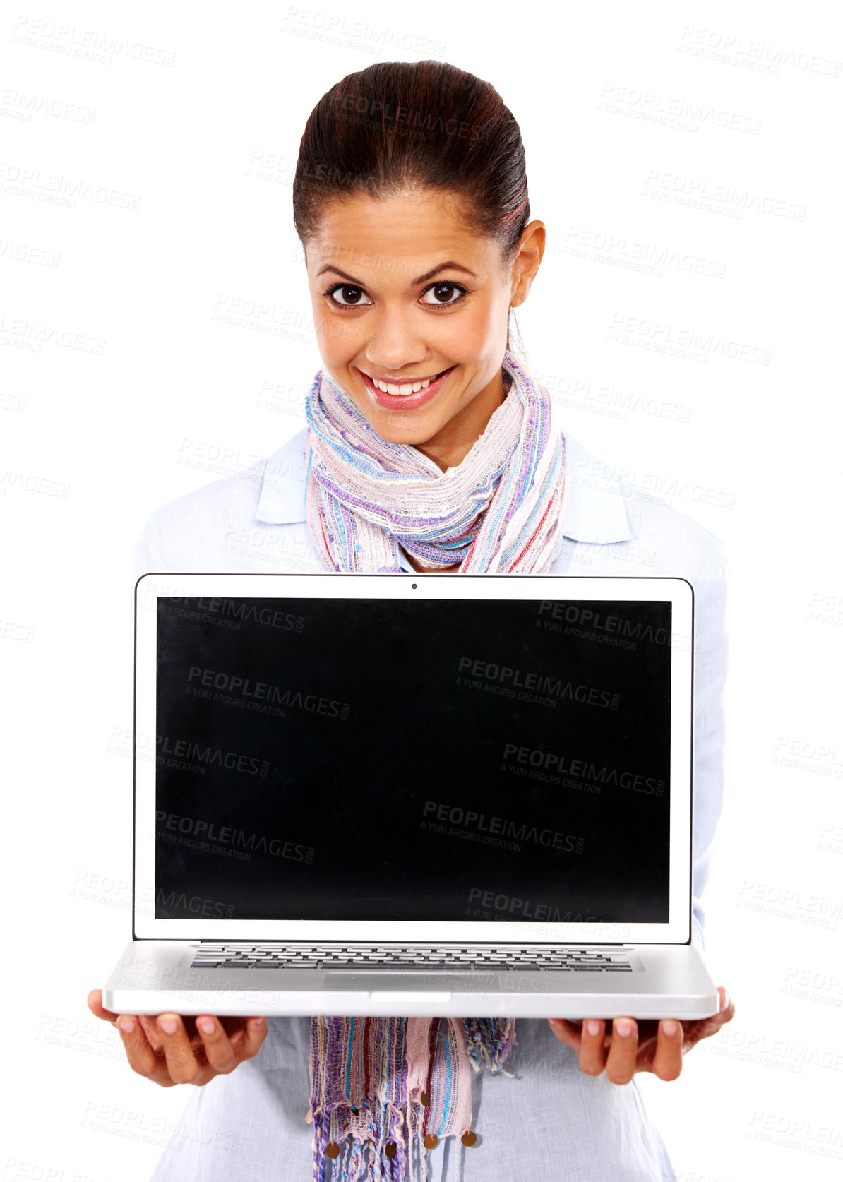 Buy stock photo Happy woman, portrait and laptop mockup on isolated white background for website branding, advertising and logo space. Digital technology, mock up and blank black screen for university student