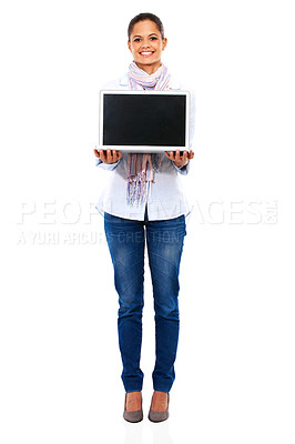 Buy stock photo Creative woman, portrait and laptop mockup on isolated white background for logo branding, advertising or web design. Digital technology, mock up and blank black screen for happy marketing employee