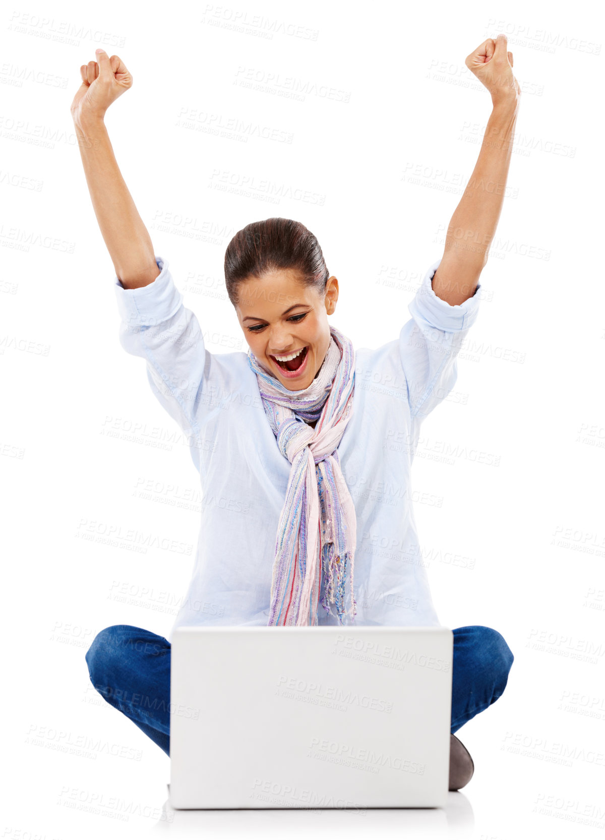 Buy stock photo Happy woman, fist or winner on laptop on isolated white background in distance learning, education or studying success. Smile, excited or wow student hands up on digital technology in studio mockup