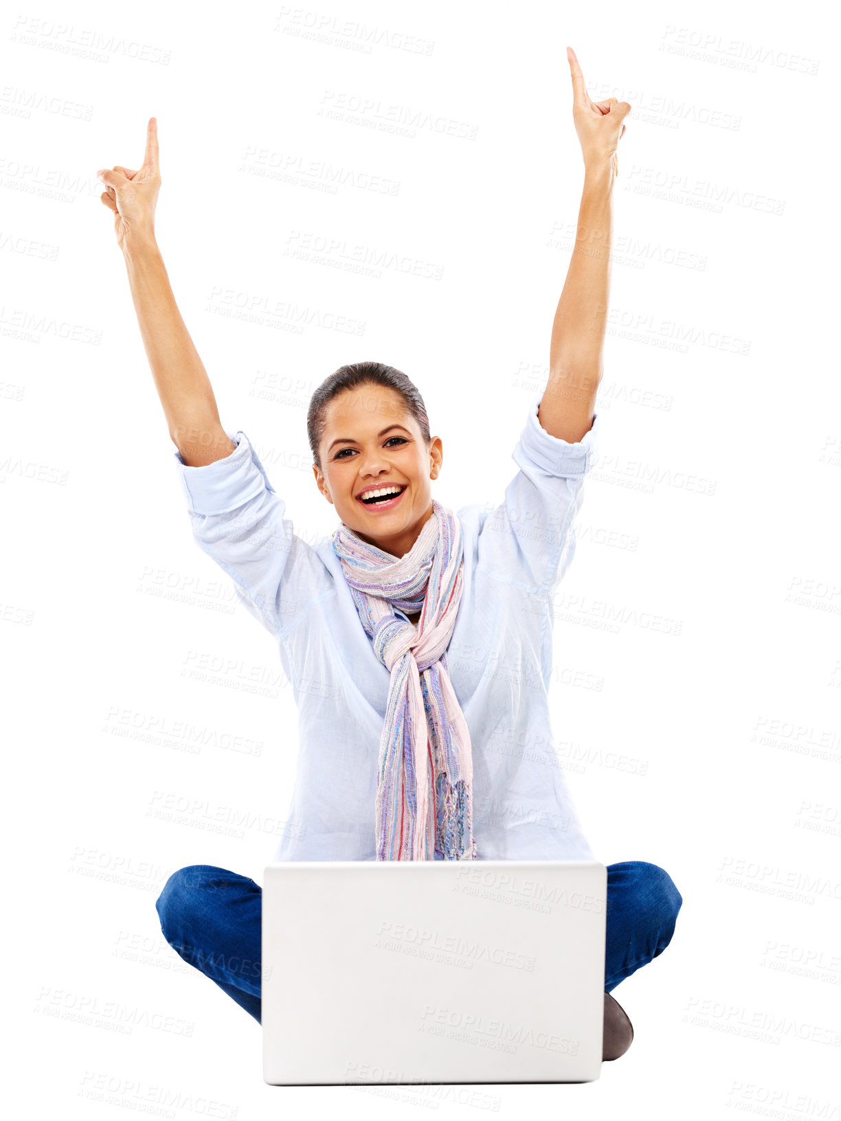 Buy stock photo Happy woman, portrait or pointing up on laptop on isolated white background in learning, education or studying success. Smile, excited or student with winner hand gesture on studio mockup technology