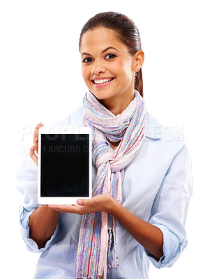 Buy stock photo Happy woman, portrait or showing tablet mockup on isolated white background of social media or website app. Digital technology, mock up or blank advertising space for smile or studio learning student