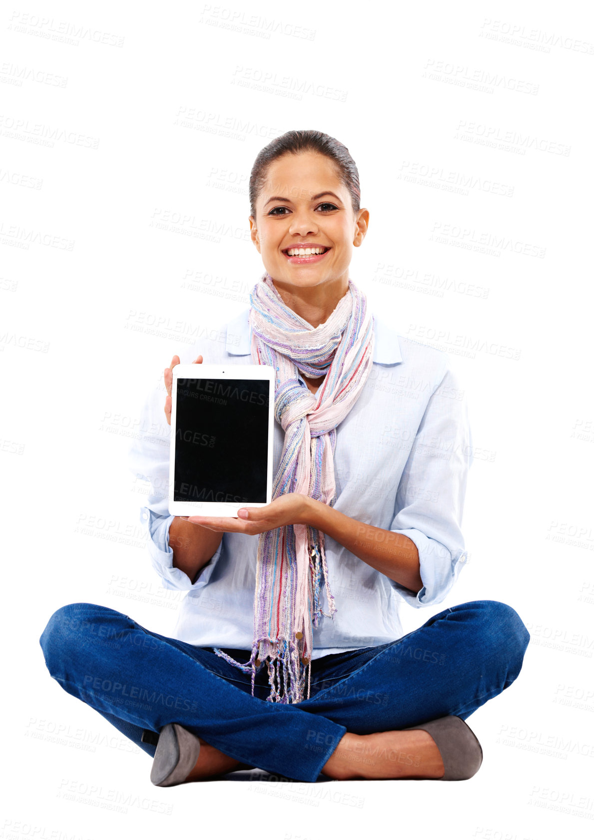 Buy stock photo Woman, portrait or tablet screen mockup on isolated white background for social media or elearning website. Digital technology, mock up or blank advertising space for smile or studio college student