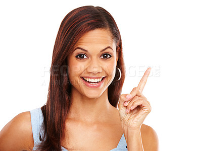 Buy stock photo Pointing, option and portrait of woman in studio with mockup space for choice, menu or decision. Happy, announcement and female person with direction hand gesture for vote by white background.