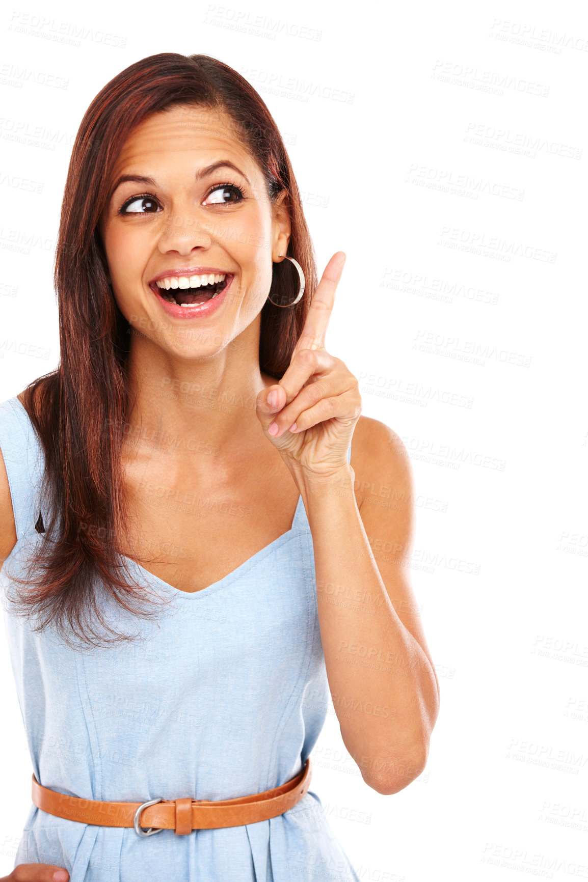 Buy stock photo Pointing, smile and woman with option in studio with mockup space for choice, menu or decision. Happy, announcement and female person with direction hand gesture for vote by white background.