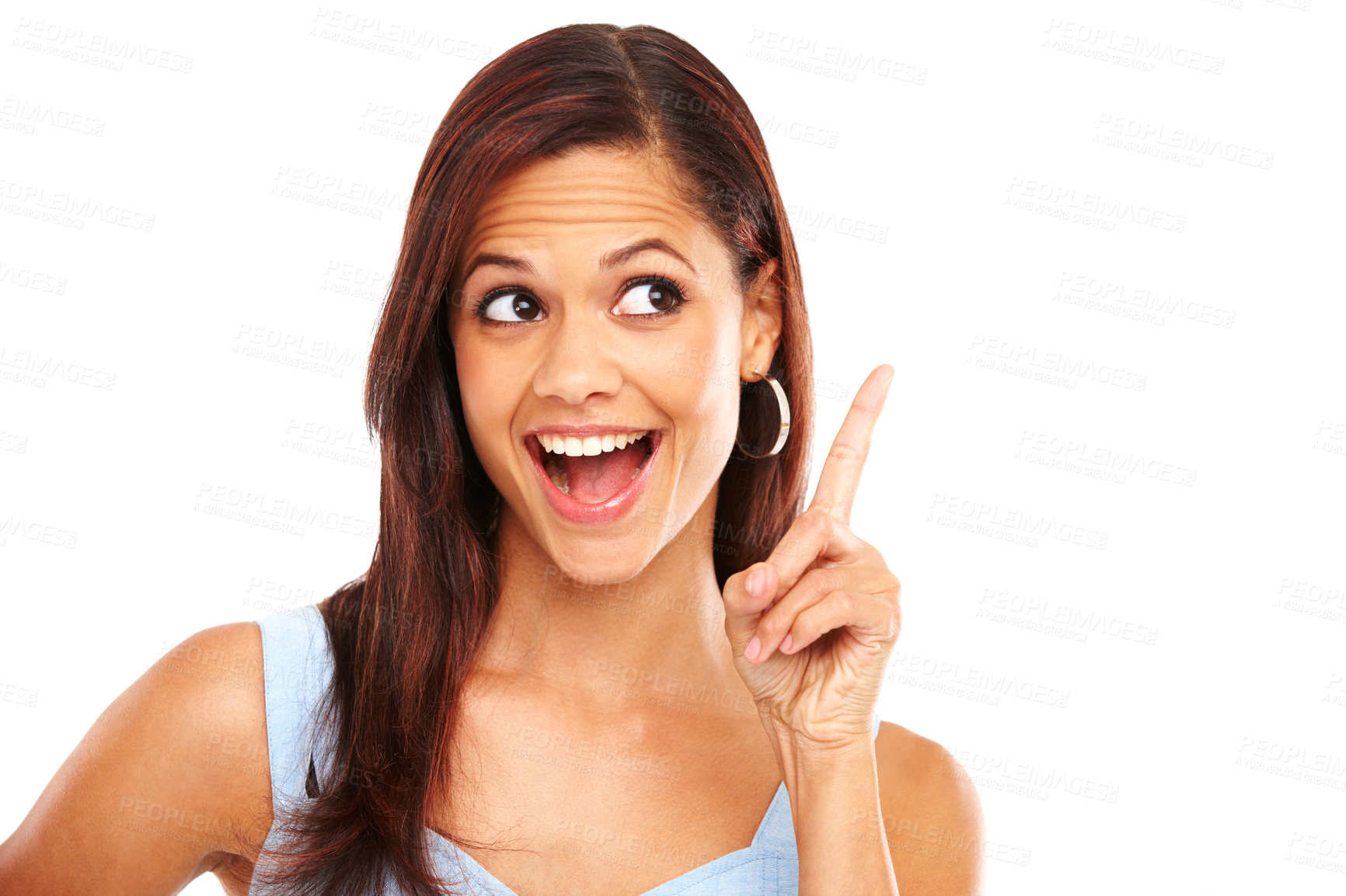 Buy stock photo Pointing, excited and woman in studio with mockup space for choice, option or decision. Happy, announcement and female person with direction hand gesture for vote, offer or menu by white background.