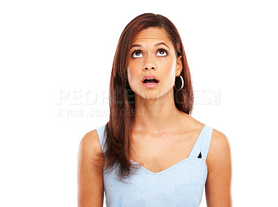 Buy stock photo Woman, shock and thinking in studio for decision, ideas and thoughtful for career solution with choice. Female person, surprise and christian by white background for guidance, answer and God presence