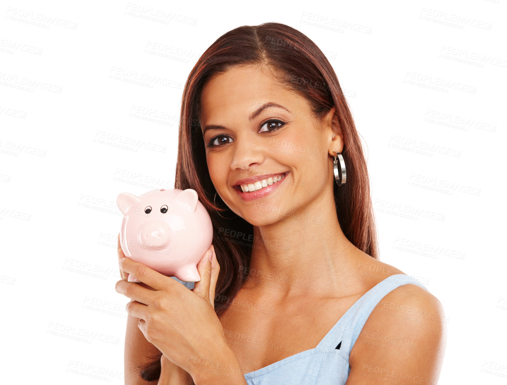 Buy stock photo Woman, piggy bank and portrait in studio with savings, planning and smile with economy by white background. Person, cash box and container for coins, money or pride for financial investment in Brazil