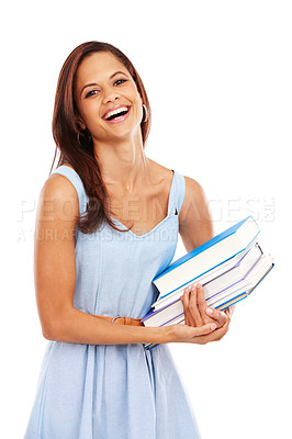 Buy stock photo Smiling young woman holding a pile of textbooks against a white background