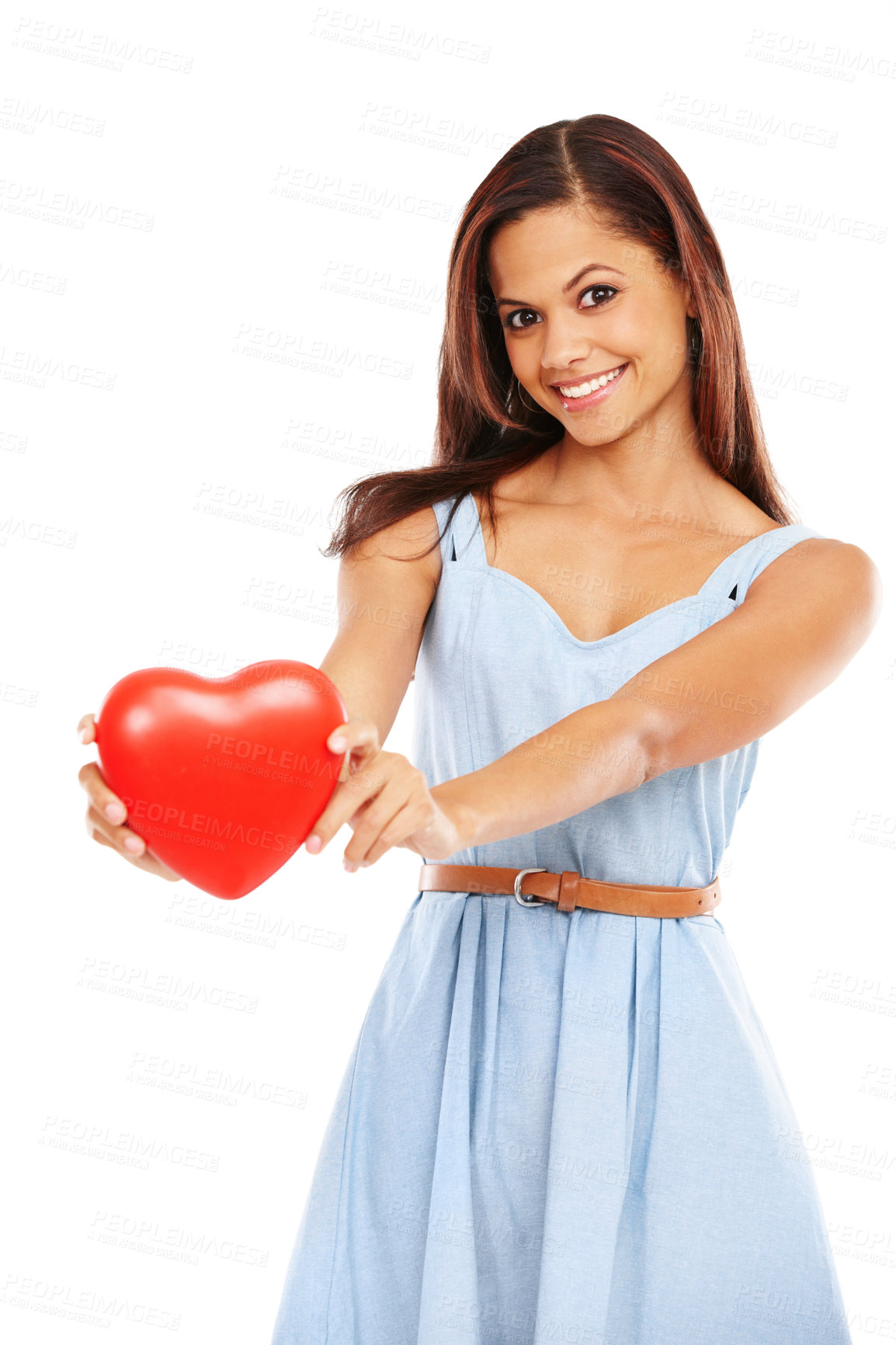 Buy stock photo Happy woman, portrait and love with heart for care, support or romance on a white studio background. Young female person or model with smile, emoji or symbol for affection, embrace or valentines day