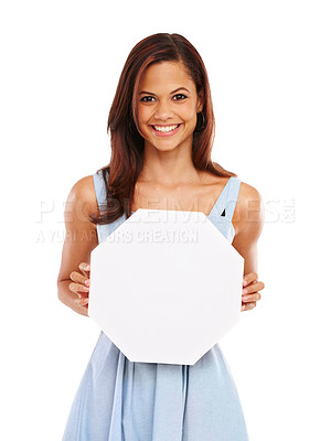 Buy stock photo Happy woman, portrait and shape with sign for advertising, marketing or symbol on a white studio background. Young female person or model with smile, poster or octagon for message or mockup space