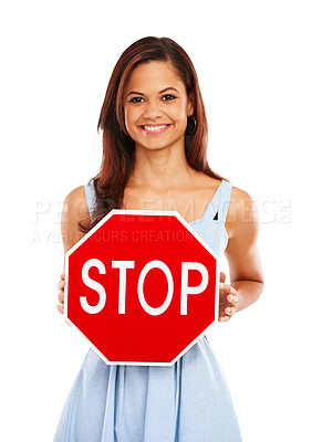 Buy stock photo Happy woman, portrait and stop with sign for warning, alert or halt on a white studio background. Young female person or model with smile, poster or red shape for message, traffic control or danger