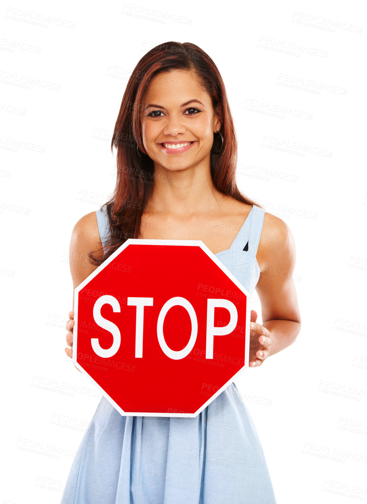 Buy stock photo Happy woman, portrait and stop with sign for warning, alert or halt on a white studio background. Young female person or model with smile, poster or red shape for message, traffic control or danger