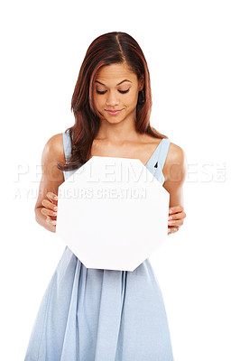 Buy stock photo Woman, shape and advertising with blank sign for marketing, notification or symbol on a white studio background. Young female person or model with poster or octagon for message on mockup space