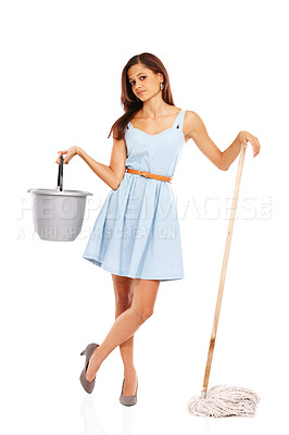 Buy stock photo Young woman holding a bucket and mop against a white background