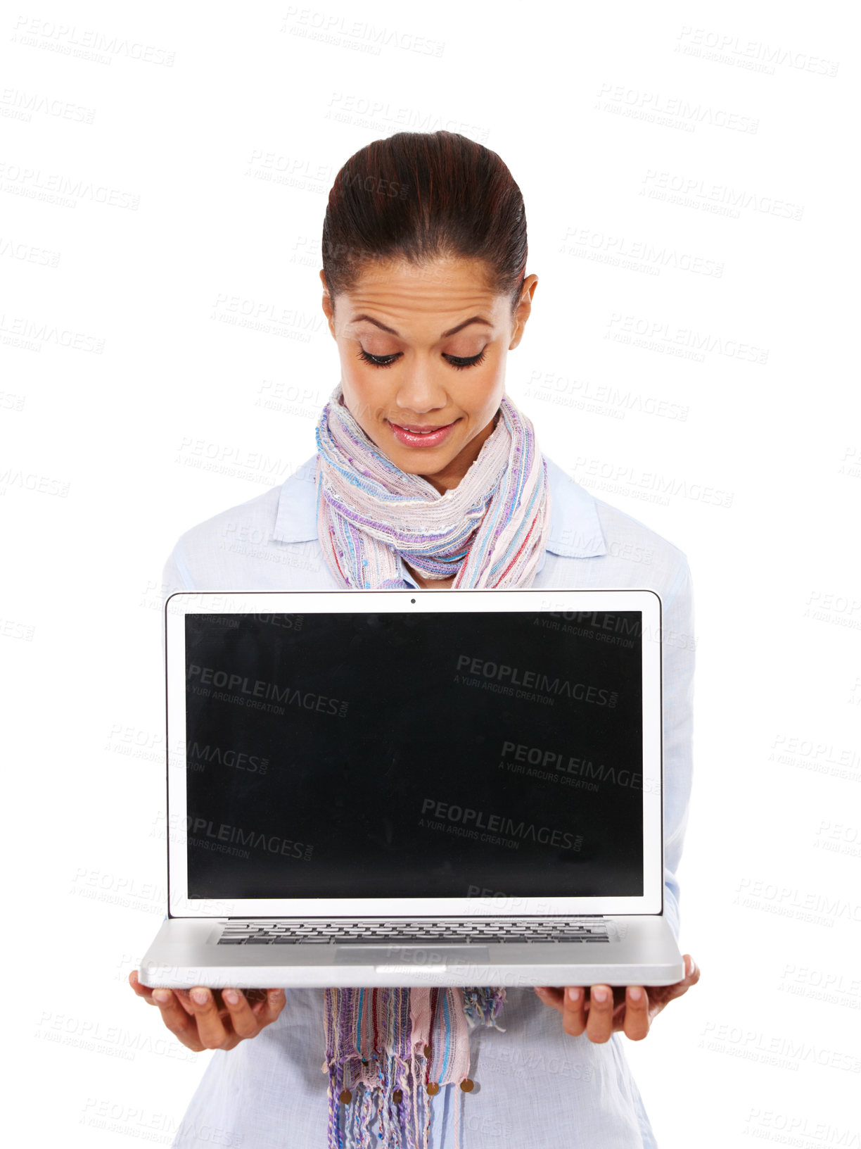 Buy stock photo Woman, surprise and laptop mockup on isolated white background for website branding, advertising or logo space. Digital technology, mock up and blank screen for smile, happy and excited web designer