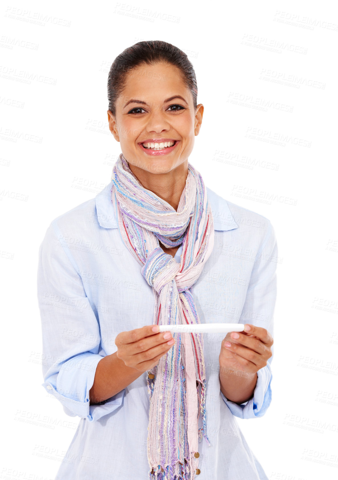 Buy stock photo Face, smile and woman with pregnancy test in studio isolated on a white background. Pregnant, good news and young female or future mother holding maternity exam kit and happy with positive results.