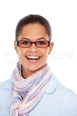 Buy stock photo Vision, happy or portrait black woman with glasses for optometry eyesight support, ocular eye care or optical healthcare. Lens frame studio, beauty headshot or model girl isolated on white background