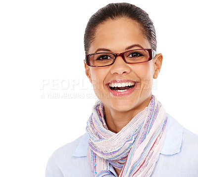 Buy stock photo Glasses, happy and portrait of a woman with a smile isolated on a white background in studio. Happiness, receptionist and face of a young model with eyewear for vision on a studio background