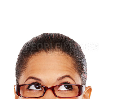 Buy stock photo Thinking, glasses and mock up with a black woman in studio isolated on a white background for product placement. Idea, eyewear and frame with a female on space for marketing, advertising or branding